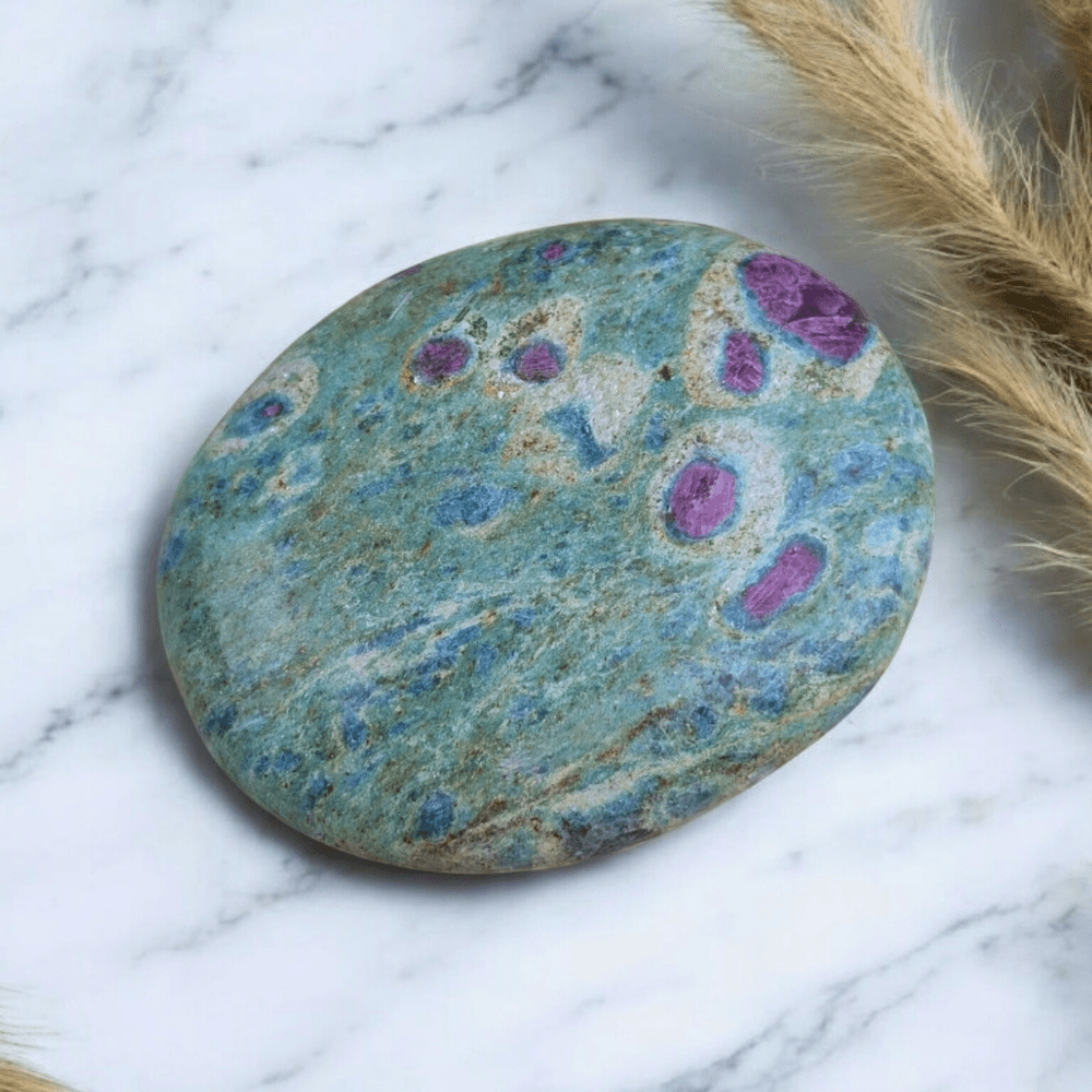 Cleansed and charged Ruby Fuchsite crystal palm stone