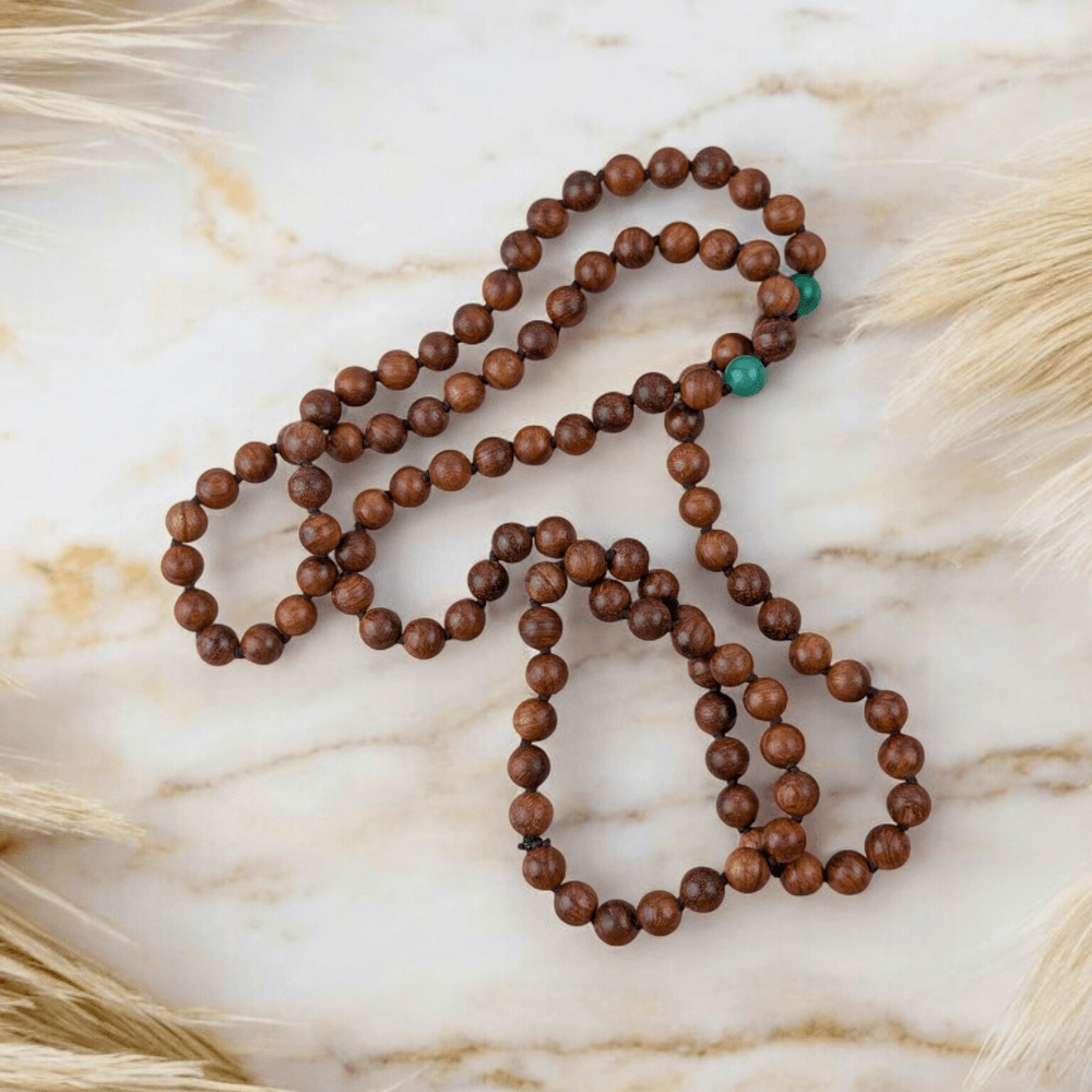 Wooden mala prayer beads with Green Aventurine