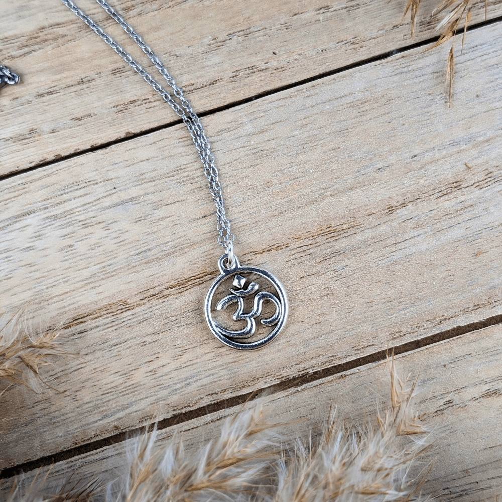 Sacred Om Necklace with a silver-tone chain and Om pendant for peace and balance