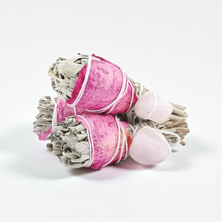 Sage and Rose Torch with Rose Quartz Crystal available at zen collection spiritual store. Shop in-store or online
