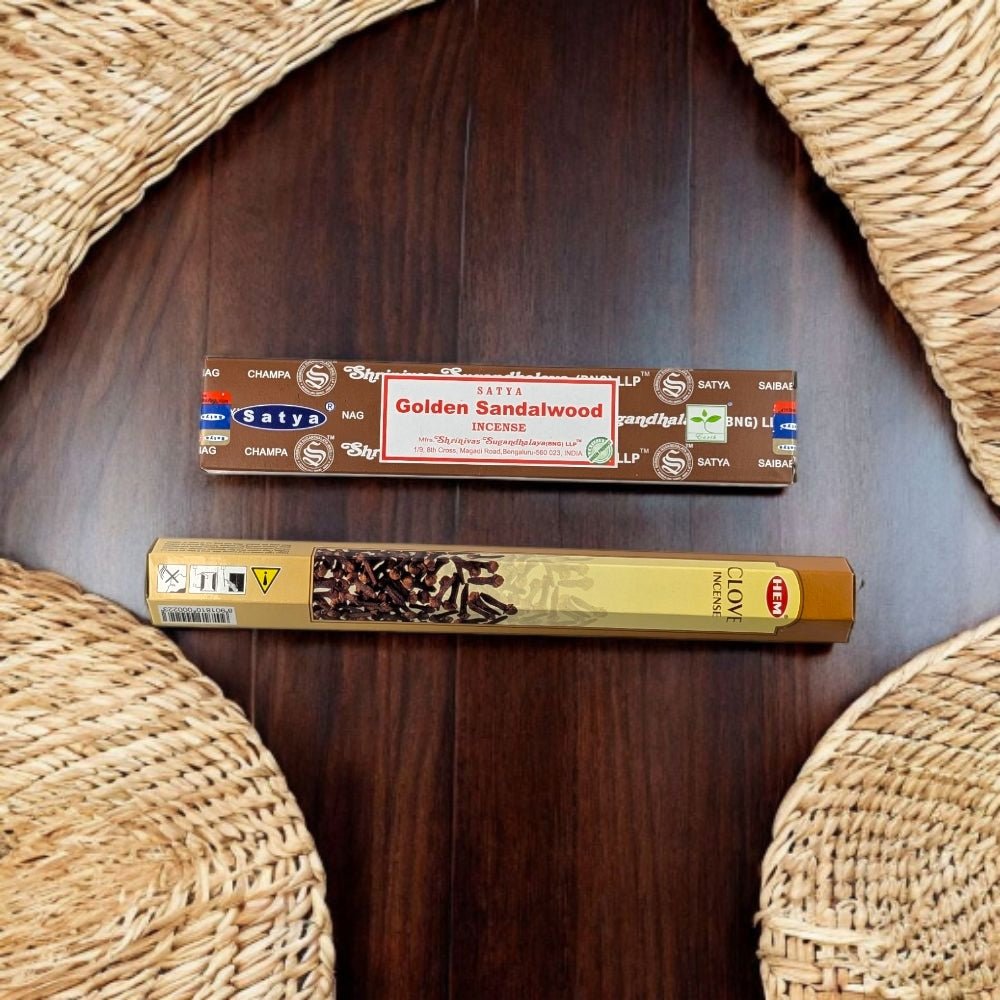 Incense Set for Sagittarius – Satya Golden Sandalwood &amp; HEM Clove for Expansion &amp; Strength