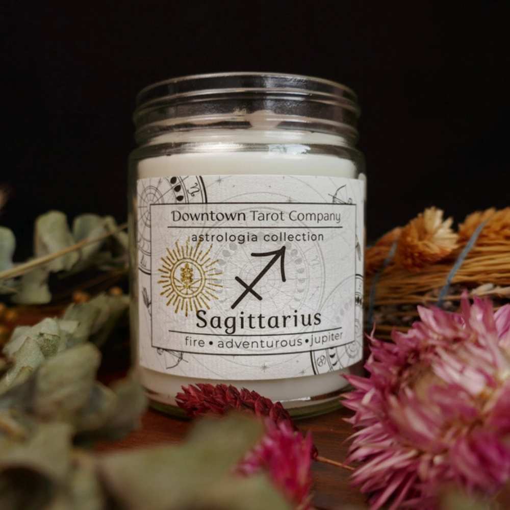 Astrologia Collection zodiac candle celebrating Sagittarius personality traits.