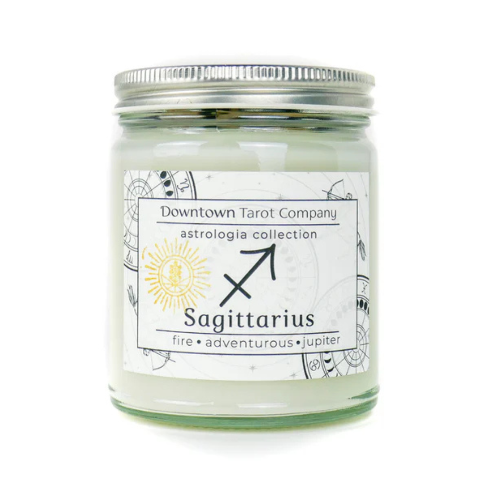 Eco-friendly Sagittarius zodiac candle with Dragon’s Blood scent.