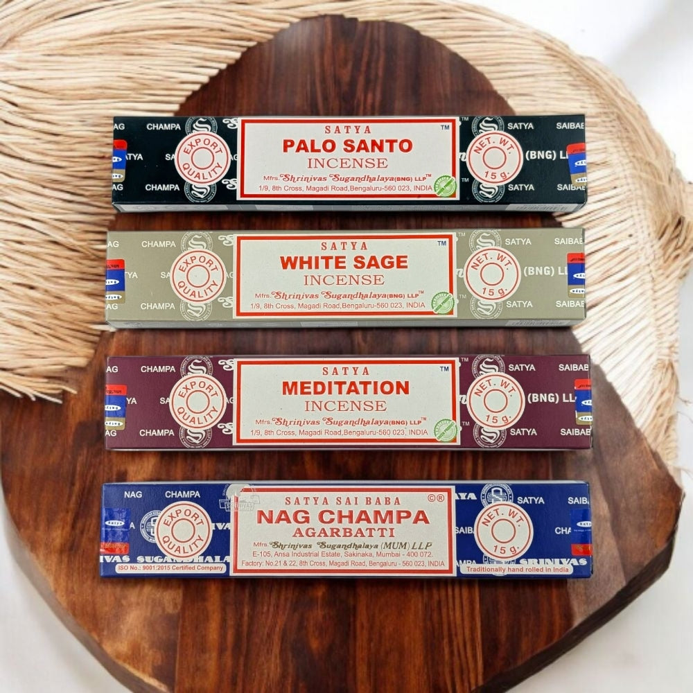 Satya Meditation Incense Set – Palo Santo, White Sage & Nag Champa for Mindfulness