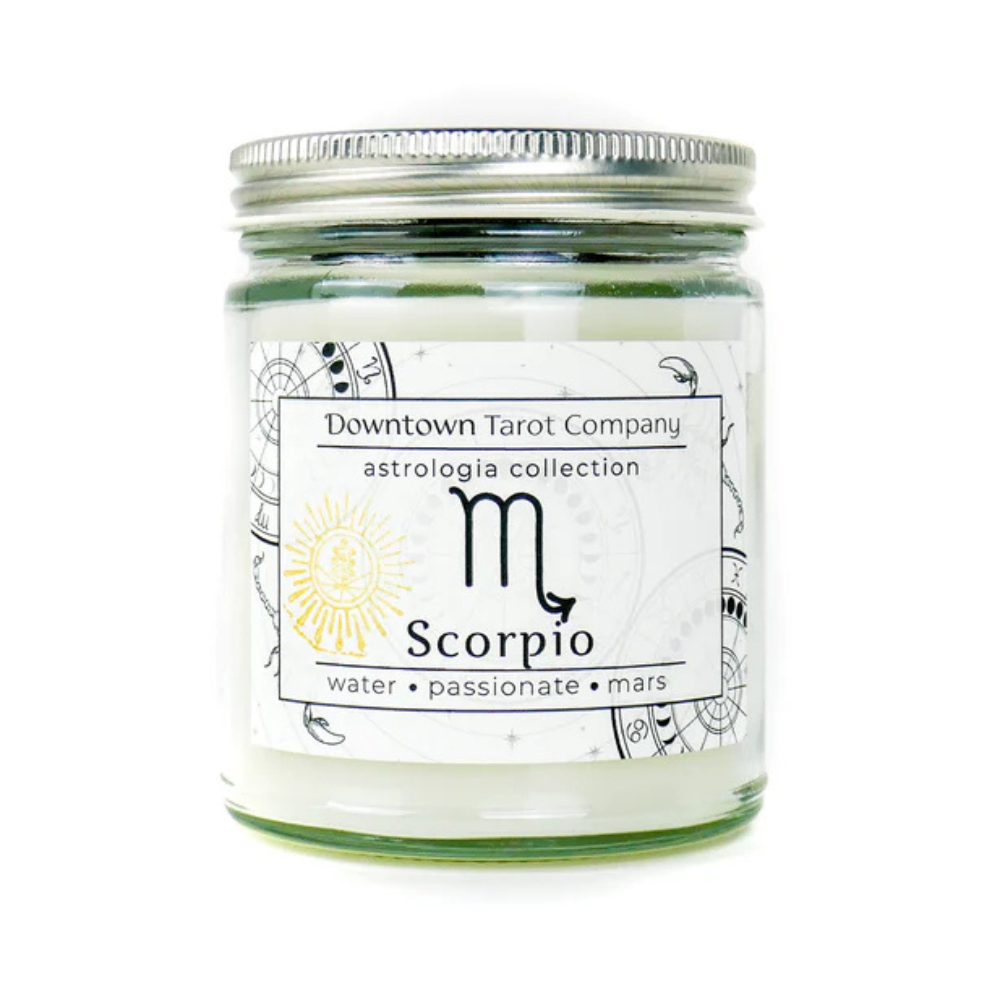 Scorpio zodiac candle featuring Dragon’s Blood fragrance and crystals