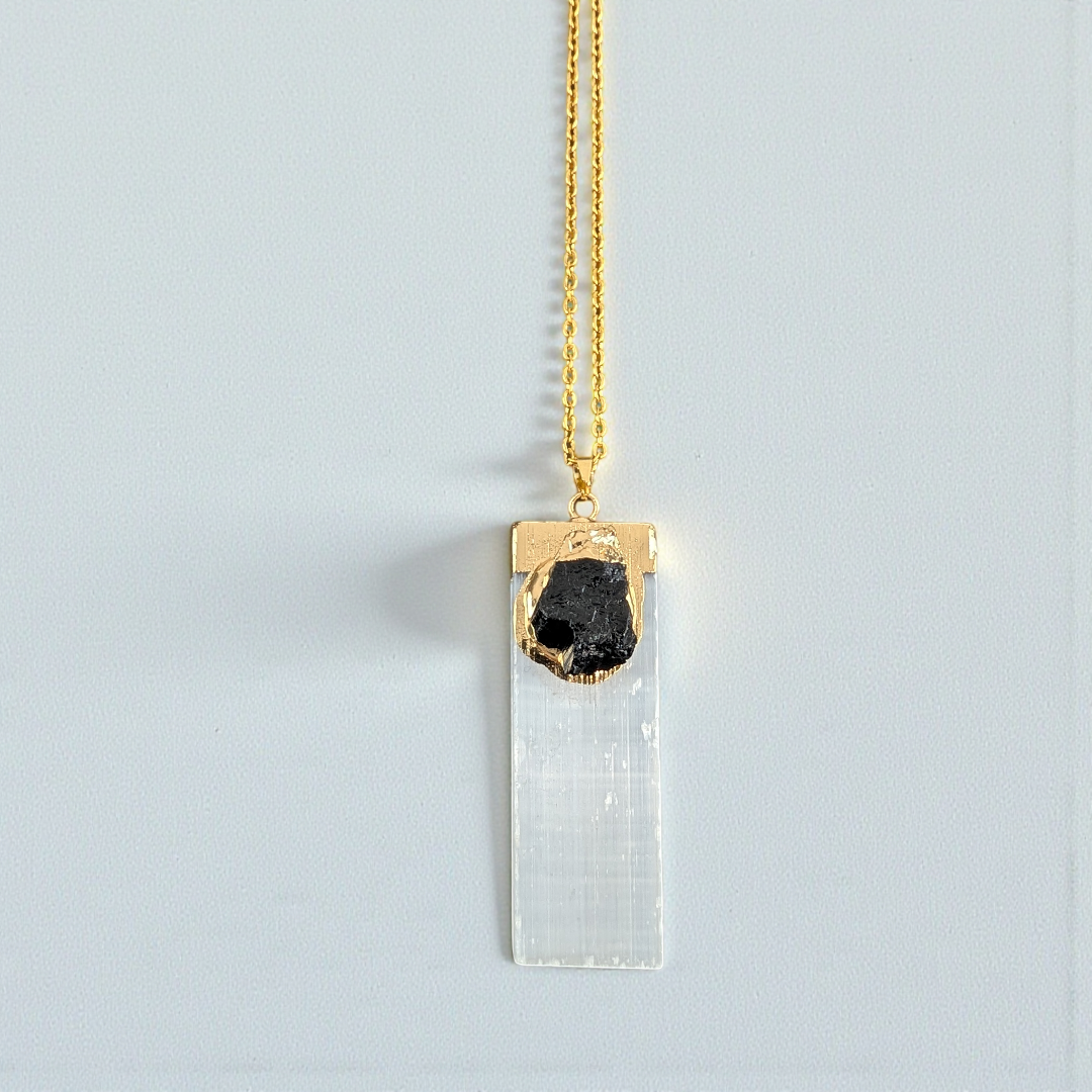 Selenite and Black Tourmaline Necklace on a silver chain