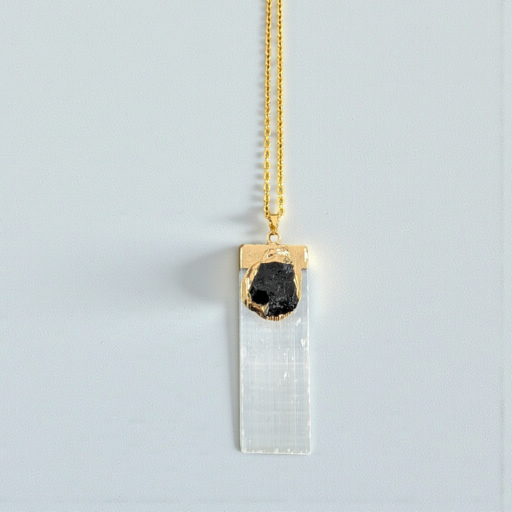 Selenite and Black Tourmaline Necklace on a silver chain