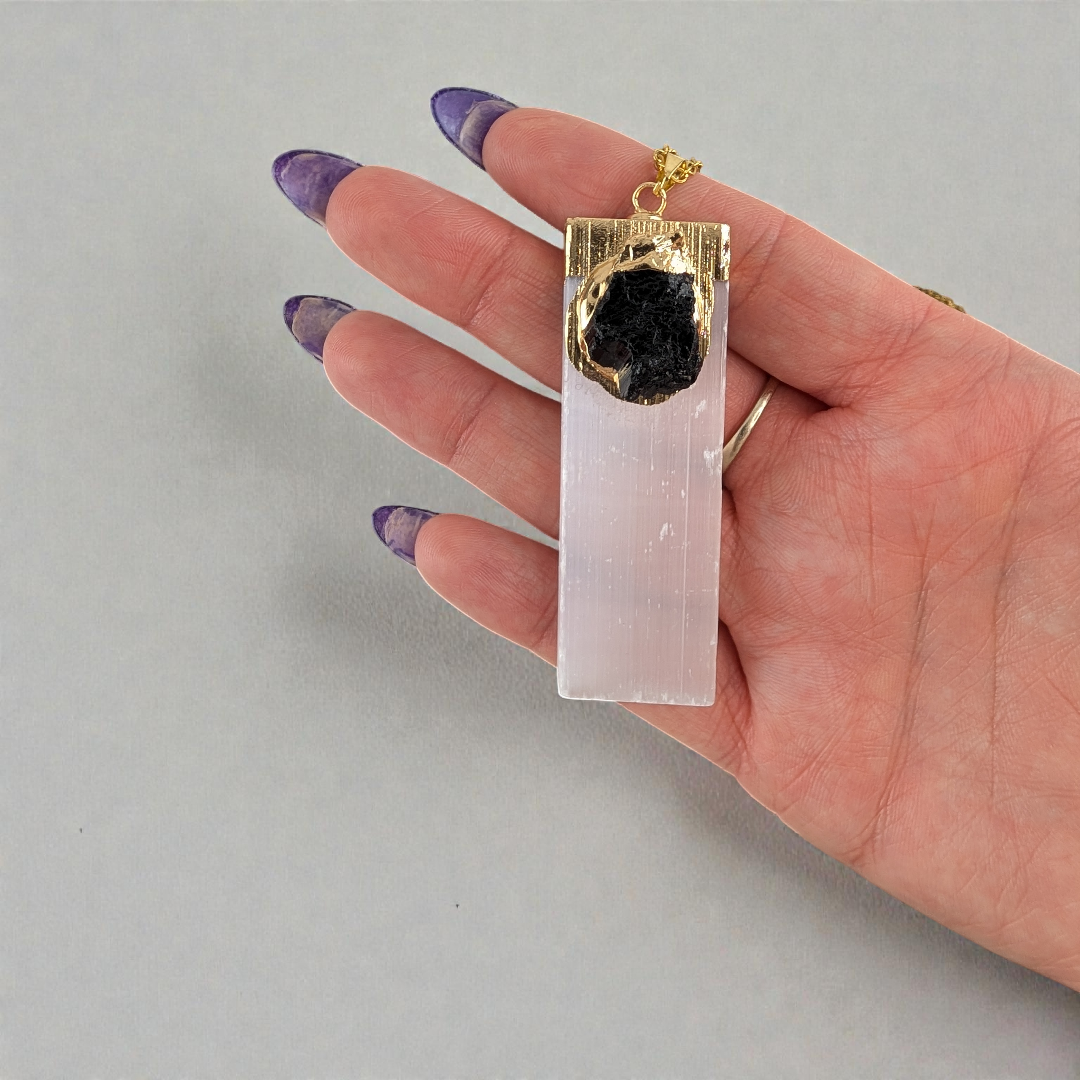 Selenite and Black Tourmaline Necklace displayed 