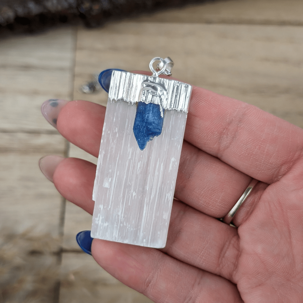 Selenite and Blue Kyanite Necklace for Negative Energy Cleansing