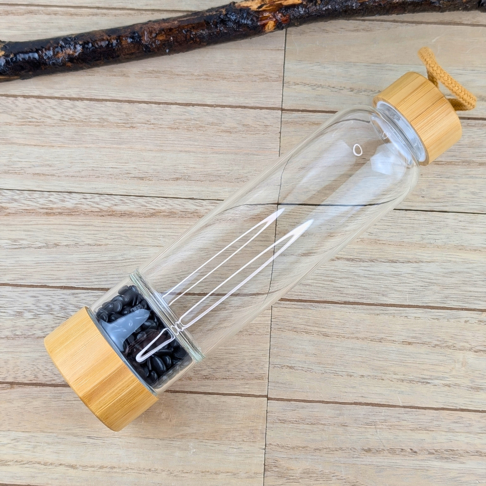 Glass Shungite water bottle with neoprene sleeve and rope handle