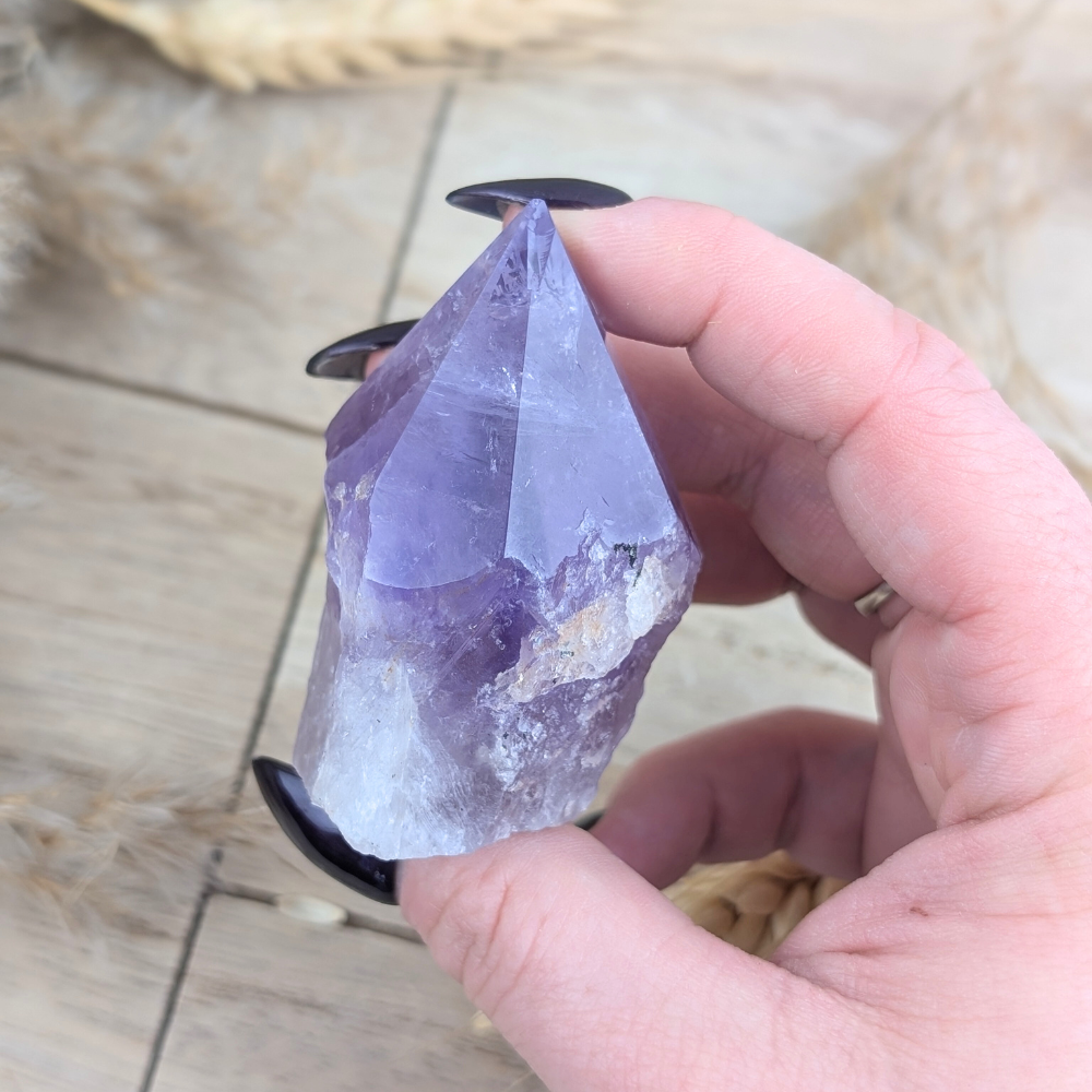 Hand holding Small Amethyst Point with dried grass background