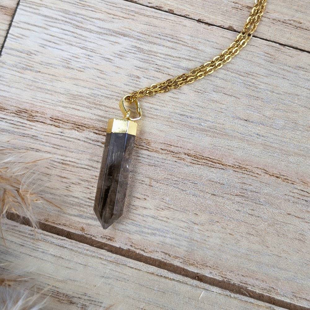 Close-up of Smoky Quartz necklace with gold-tone chain