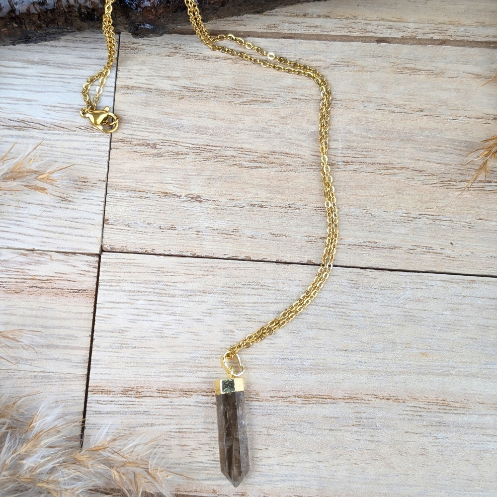 Dainty crystal pendant necklace with natural Smoky Quartz