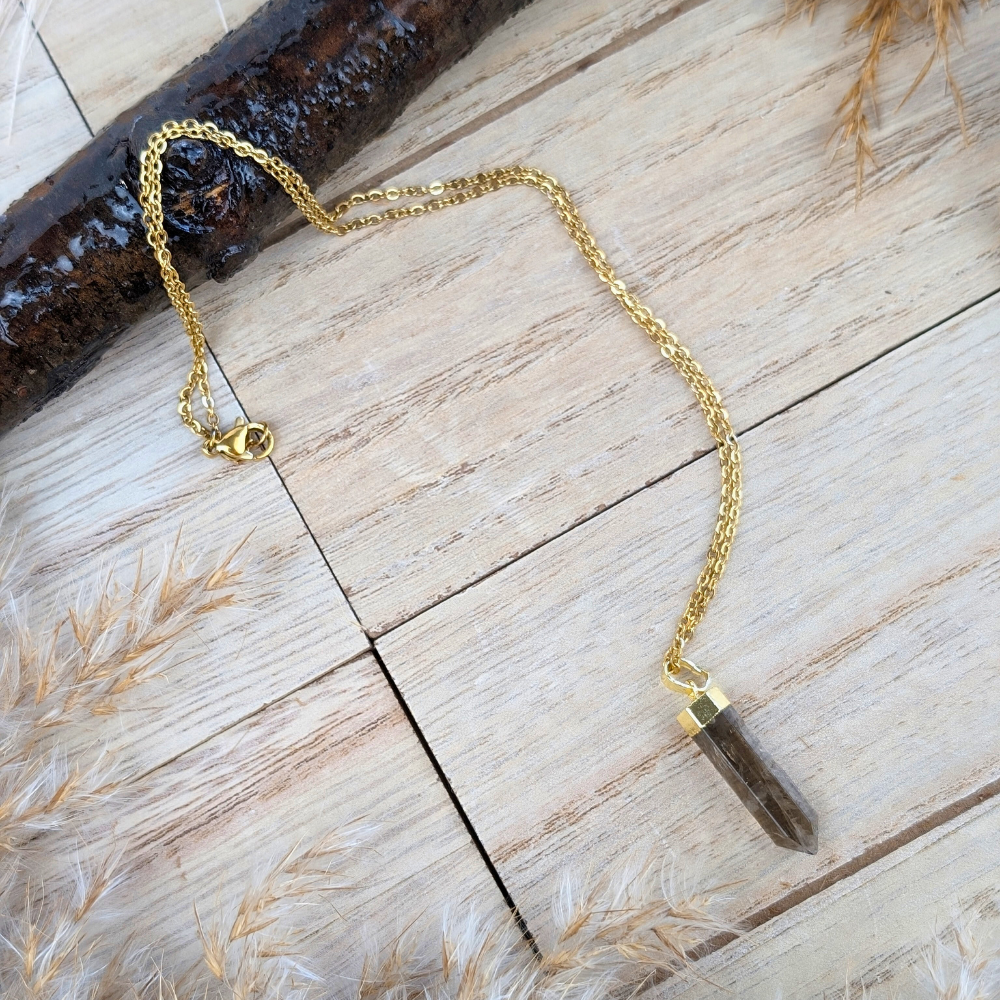 Silver-tone chain necklace with Smoky Quartz crystal pendant