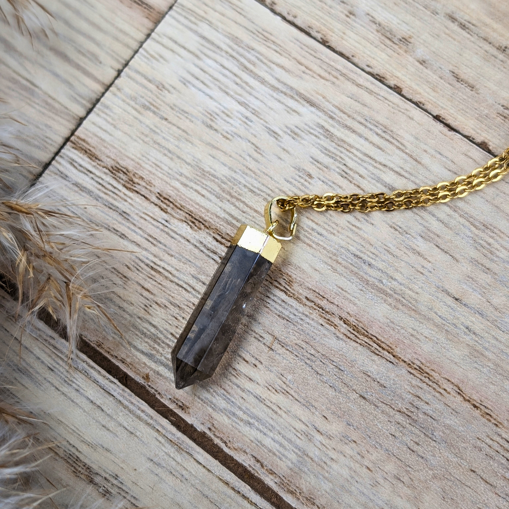 Elegant Smoky Quartz necklace displayed in eco-friendly packaging