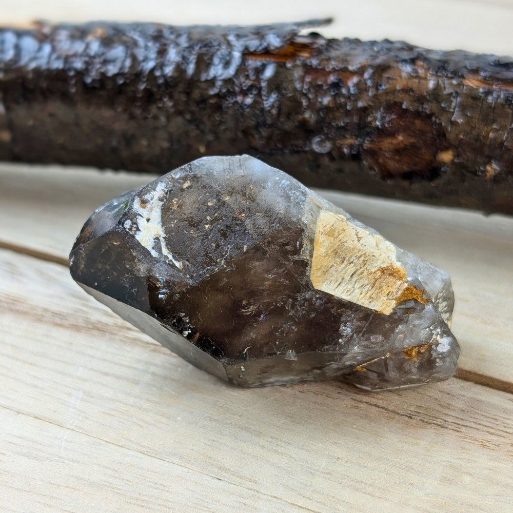 Close-up of Smoky Quartz point showing smoky tones