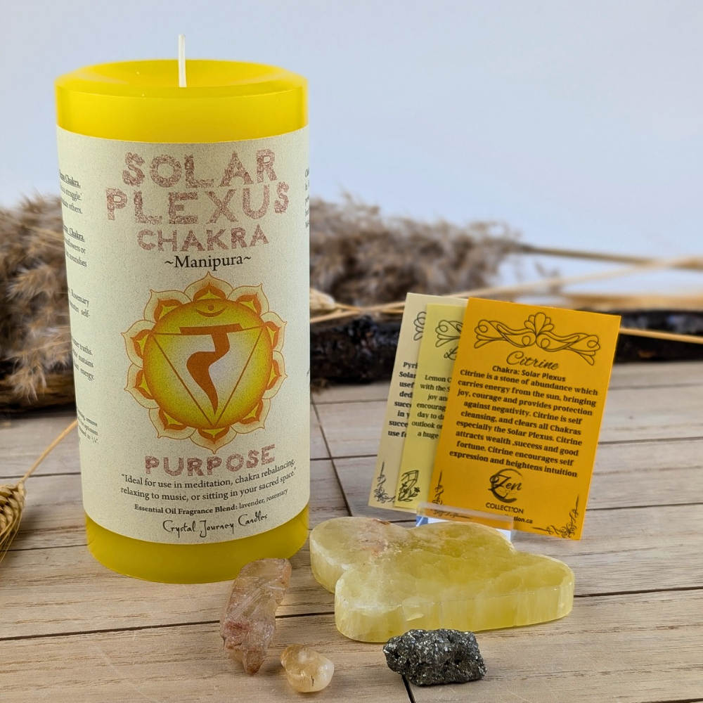 Solar Plexus Chakra Empowerment Set with Candle, Yellow Calcite Cloud, Citrine, and Pyrite for Personal Power and Confidence