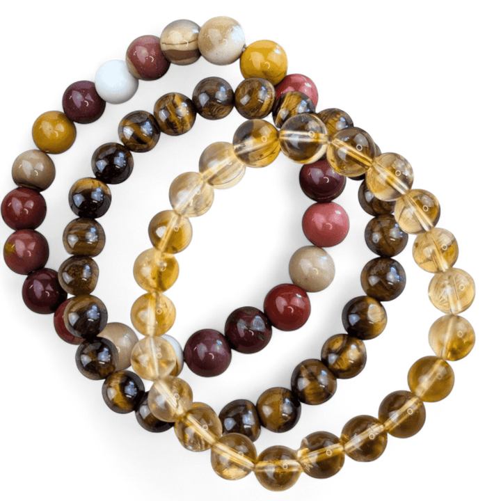 Solar plexus crystal bracelet stack with citrine tigers eye and mookaite available at Zen Collection Crystal Store in Barrie