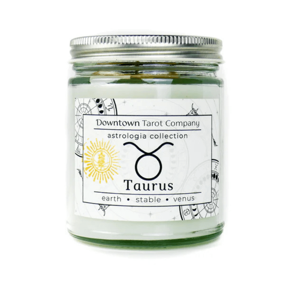 Taurus zodiac candle with moss agate and citrine crystals