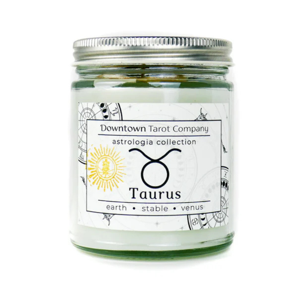 Taurus zodiac candle with moss agate and citrine crystals