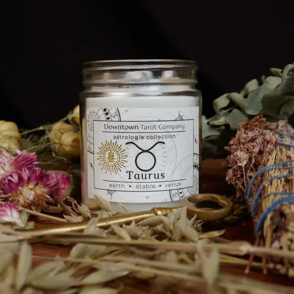 Eco-friendly Taurus zodiac candle celebrating stability and balance.