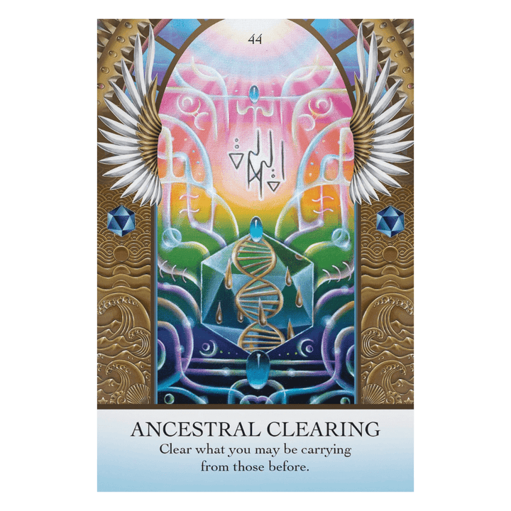 Light Code Apothecary oracle cards alongside crystals