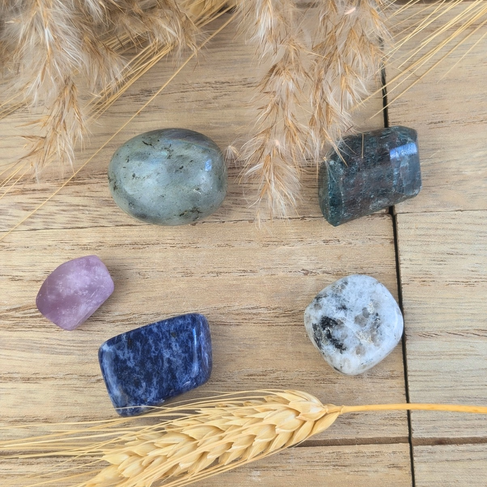 Third Eye Crystal set includes 5 tumbles that will awaken your intuition 