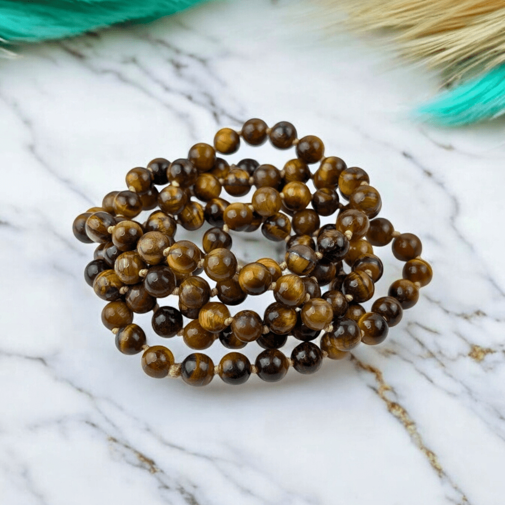 Natural Tiger’s Eye mala necklace for confidence and grounding