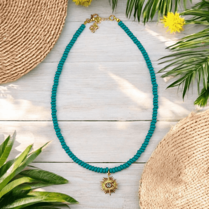 turquoise choker with evil eye charm