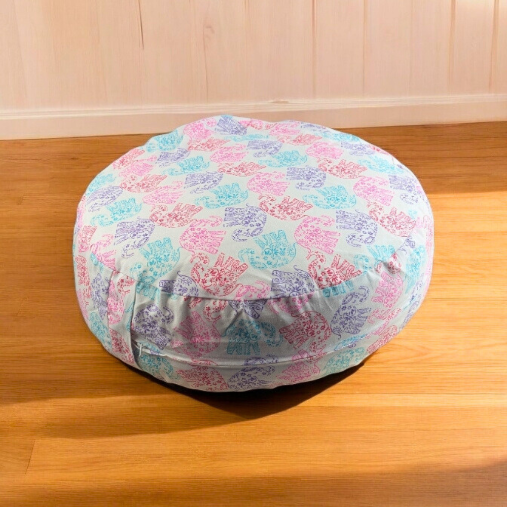 Zafu meditation cushion featuring vibrant patterns