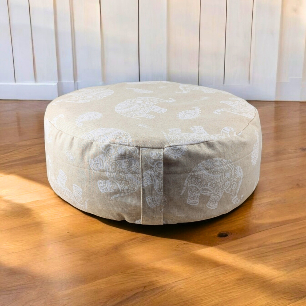 Carry-handle meditation cushion with elephant design