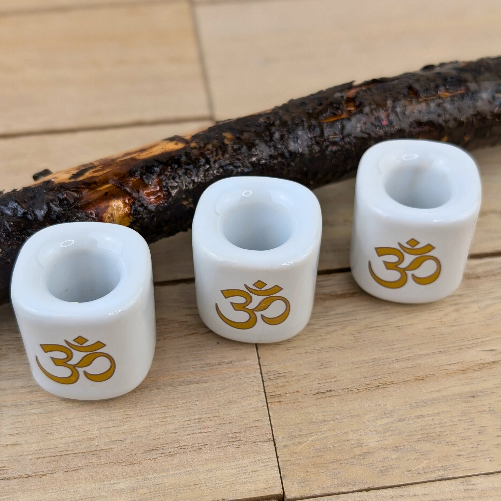 White Om chime candle holder with golden symbol