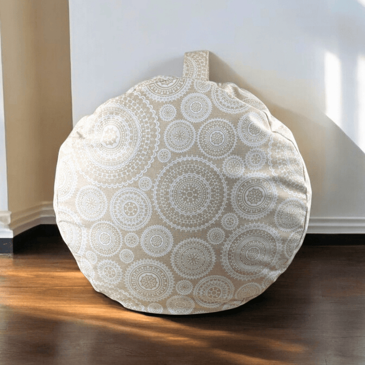 Yoga bolster-style cushion with buckwheat hull filling