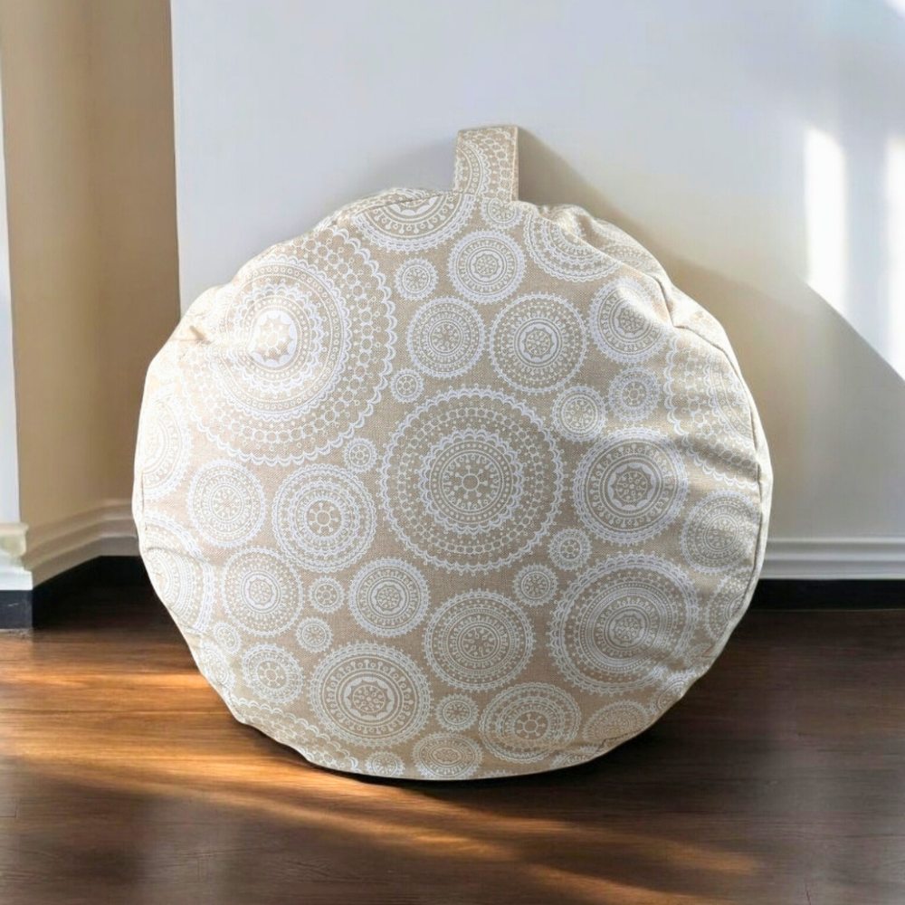 Yoga bolster-style cushion with buckwheat hull filling