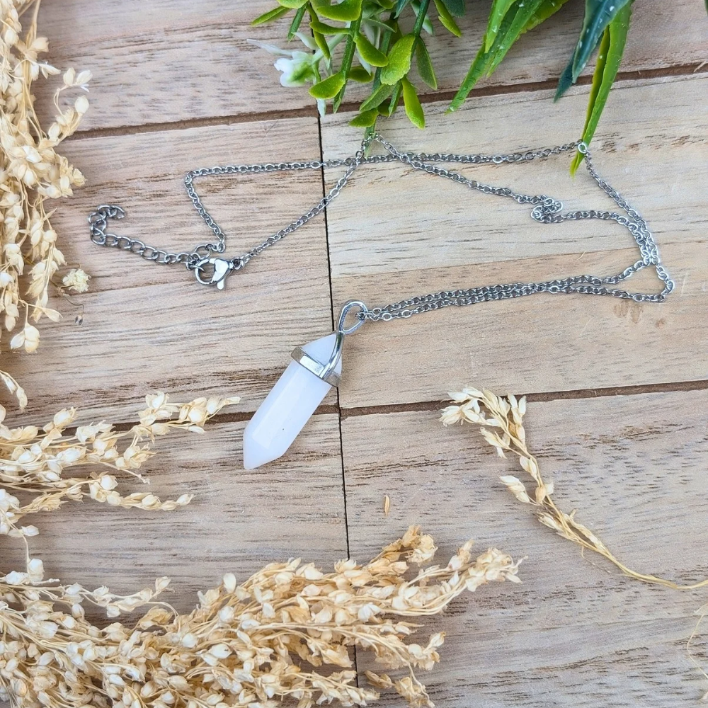 White quartz crystal necklace for Crown Chakra alignment