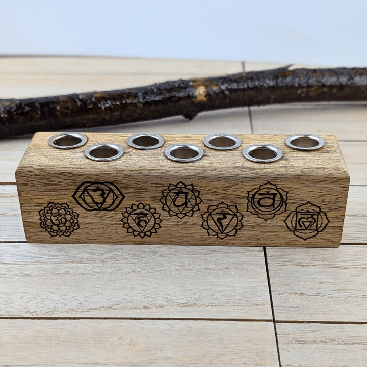 Wood Chakra Chime Candle Holder with engraved symbols