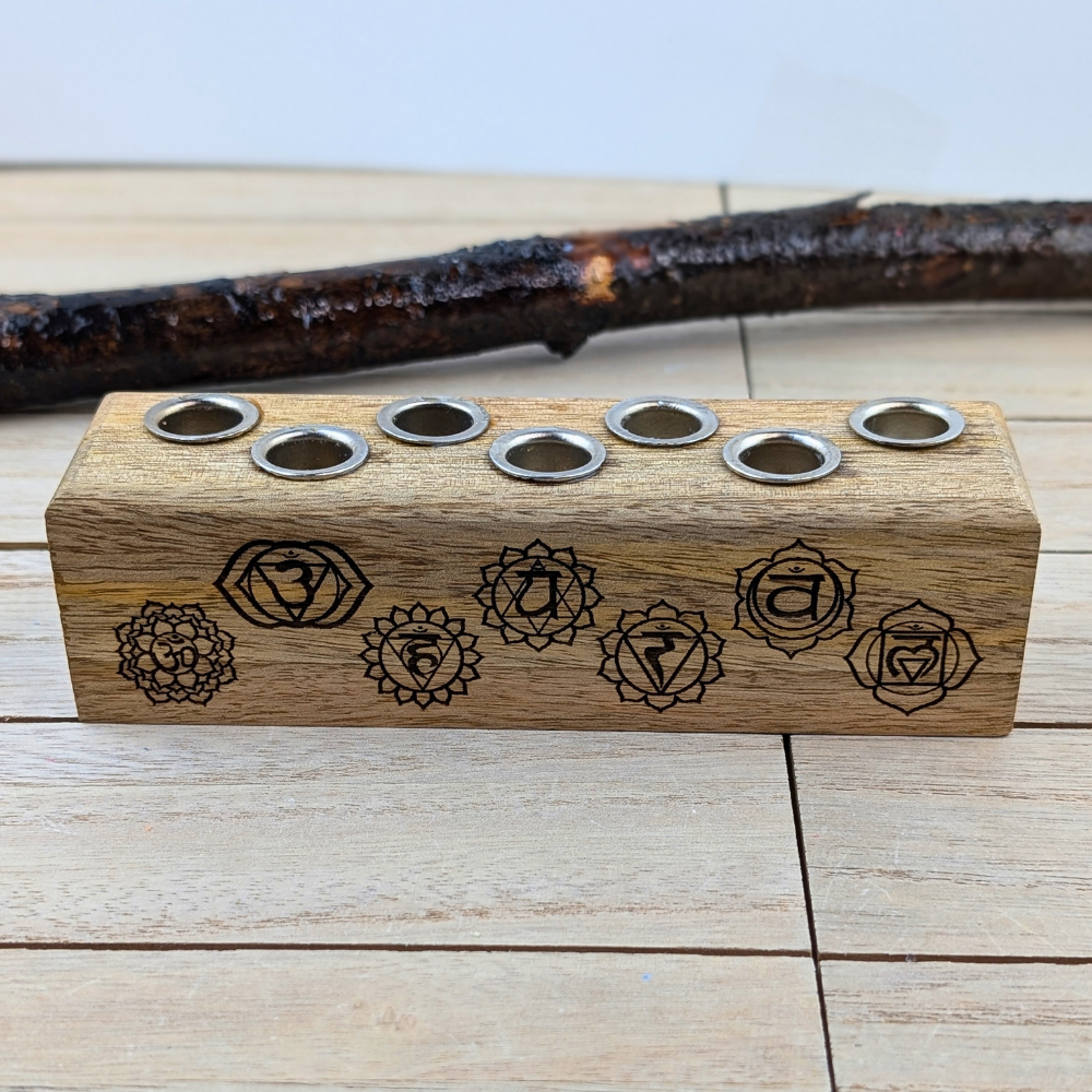 Wood Chakra Chime Candle Holder with engraved symbols