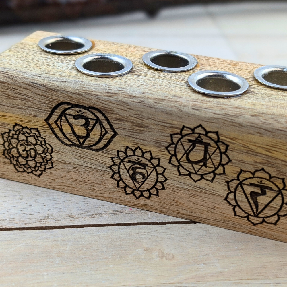 Natural wood chime candle holder with chakra designs