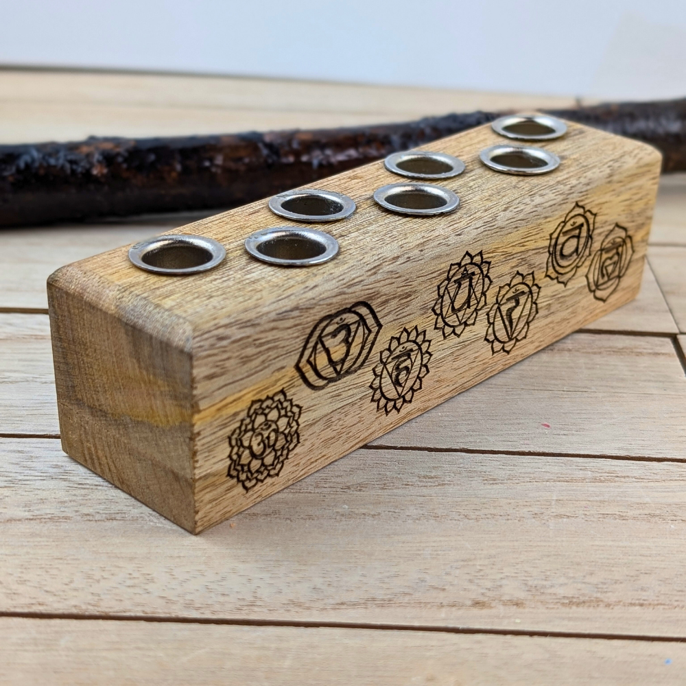 Engraved wood chakra holder for seven chime candles