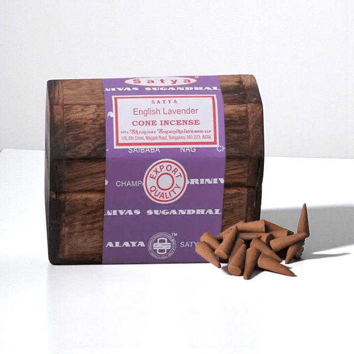 Box of Satya English Lavender cone incense with incense cone burner on a white background. Shop now with Zen Collection crystal store in Barrie in-store or online now.