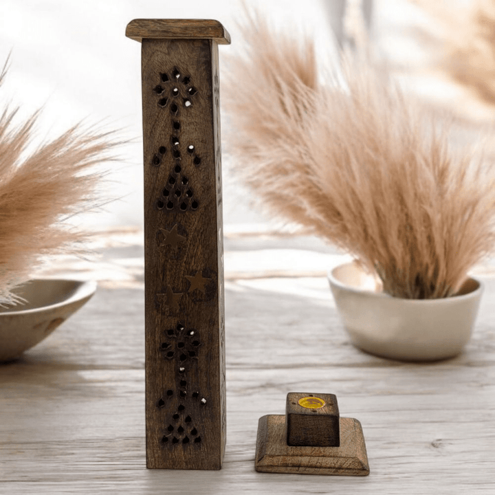 Wooden tower incense burner with brass stars