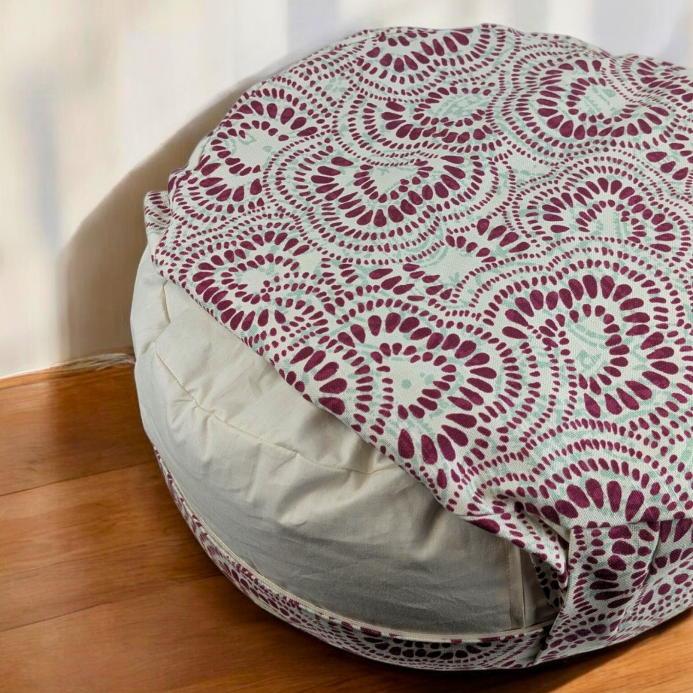 Close-up of Zen meditation cushion with cotton cover