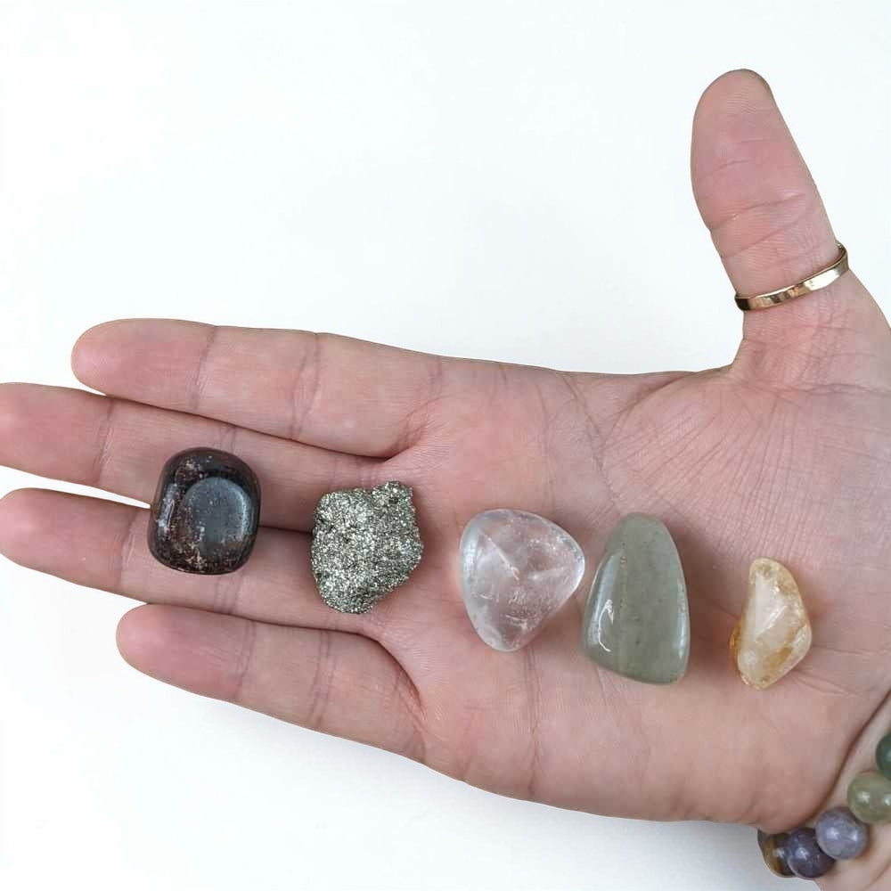 Abundance crystal set with Citrine Pyrite Green Aventurine Garnet Clear Quartz tumbles available at Zen Collection Metaphysical Store in Barrie 