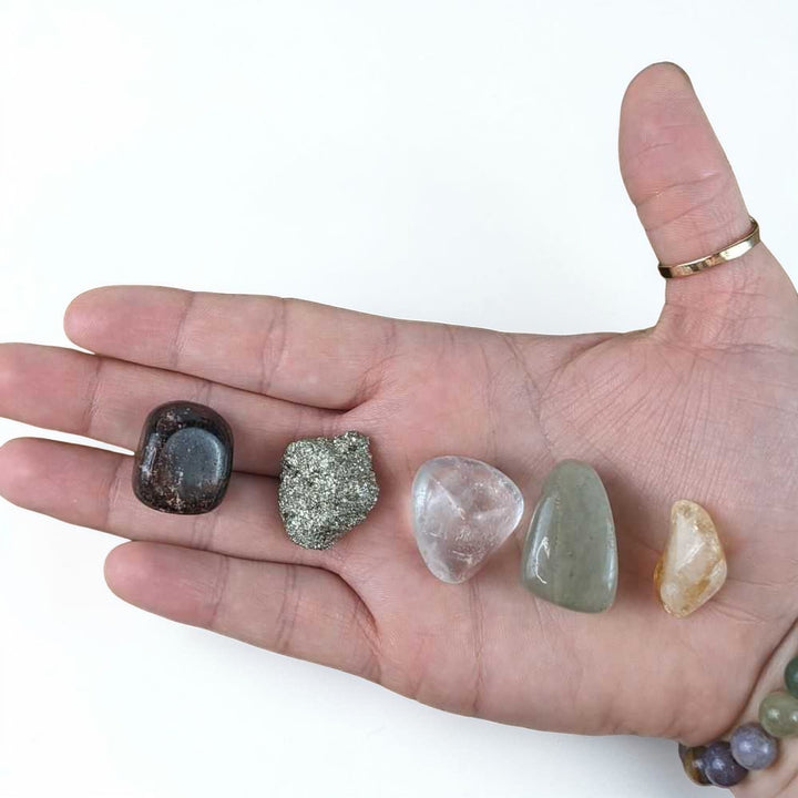 Abundance crystal set with Citrine Pyrite Green Aventurine Garnet Clear Quartz tumbles available at Zen Collection Metaphysical Store in Barrie 
