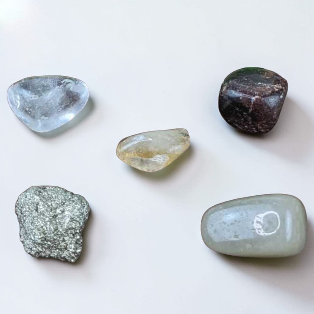 Abundance crystal set with Citrine Pyrite Green Aventurine Garnet Clear Quartz tumbles available at Zen Collection Metaphysical Store in Barrie 