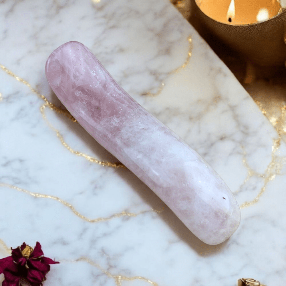 Rose quartz yoni wand with black spots