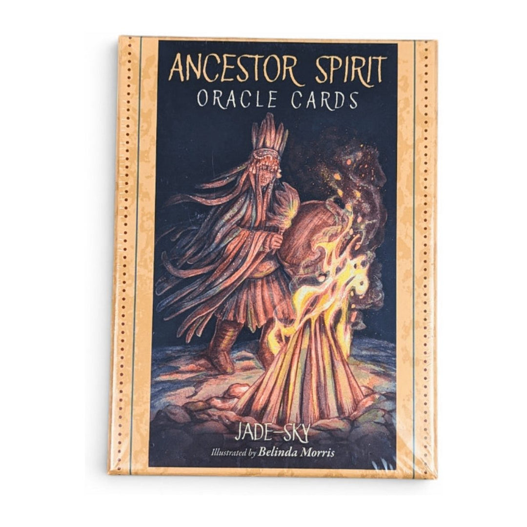 Ancestor Spirit Oracle Cards box front by Jade-Sky, showing a figure beside a fire