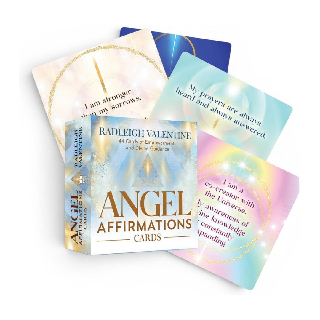 Angel Affirmation Cards box by Radleigh Valentine, with four fanned cards