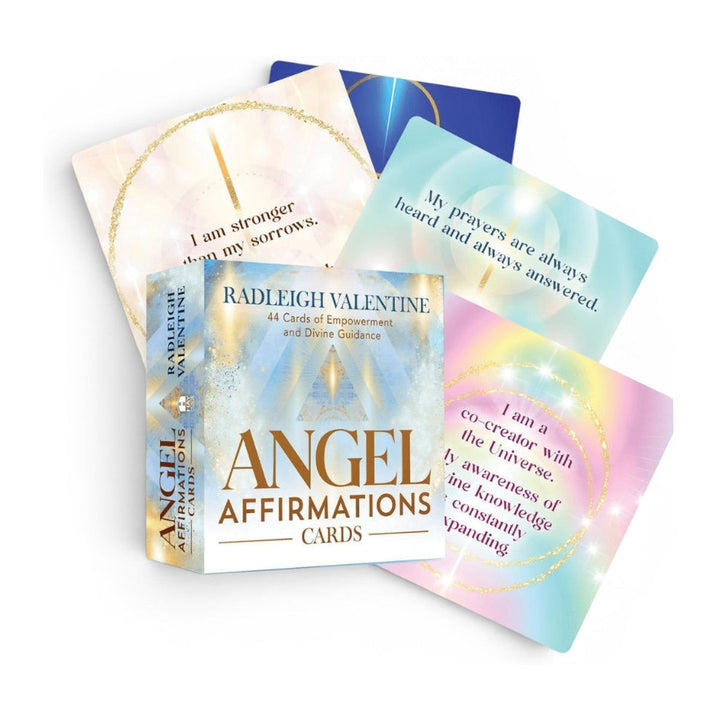 Angel Affirmation Cards box by Radleigh Valentine, with four fanned cards