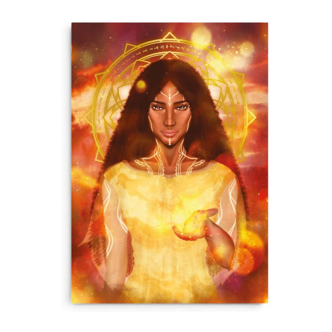 Angel in gold and red with long dark hair, card art from the Angelic Activations Oracle